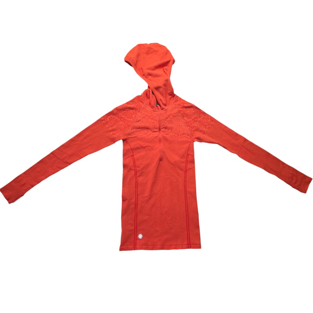 Women's ATHLETA XS Orange Hooded Base layer Long Sleeve Half Zip Thumb Hole